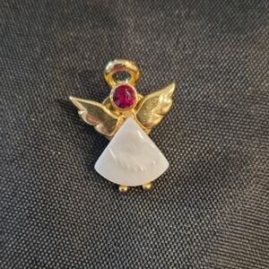 Vintage Style Gold Tone Angel Pin with Mother Of Pearl  and Red Stone